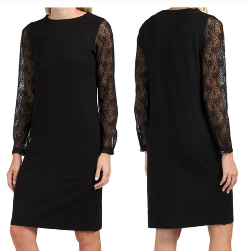 Nicole Miller Black Lace Sleeve Sweater Dress